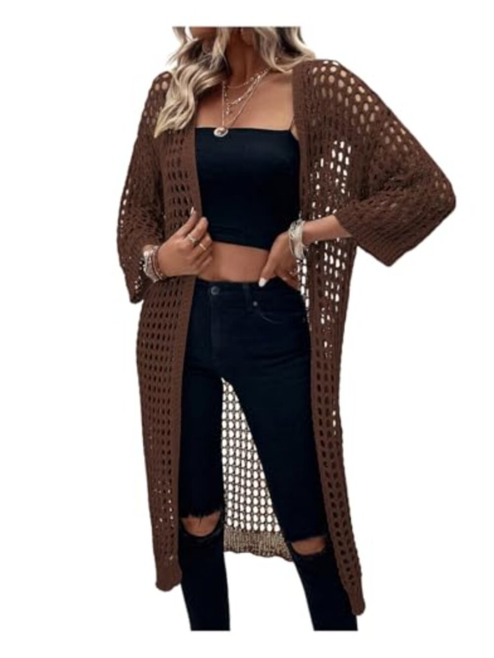 Women's Lightweight Knit Cardigan Hollow Out Open Front 3/4 Sleeve